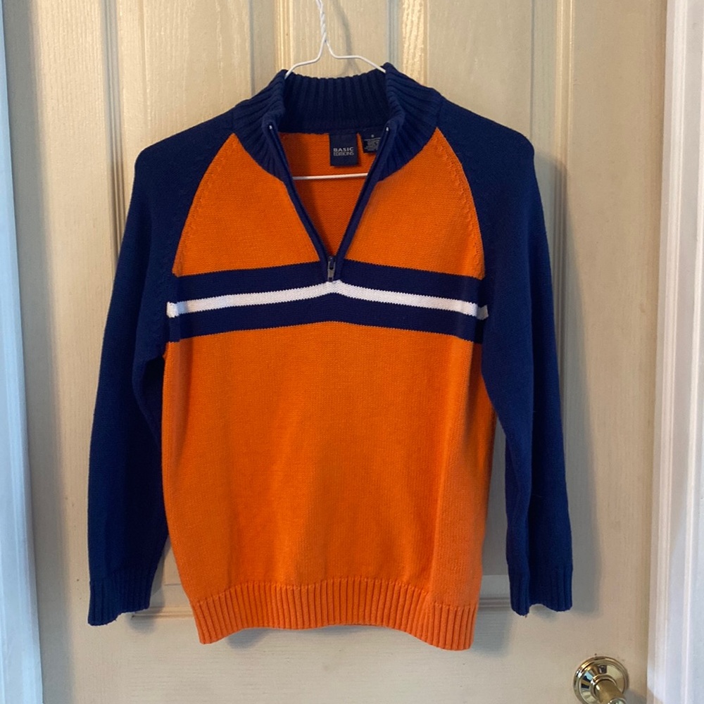 Boys size 8 Basic Editions quarter zip sweater.  Orange/Navy/White.